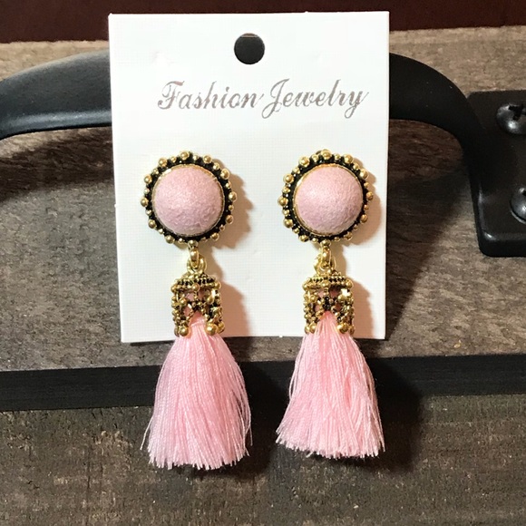 Jewelry - Vintage Velvet Ball Pink Fringed Drop Earring